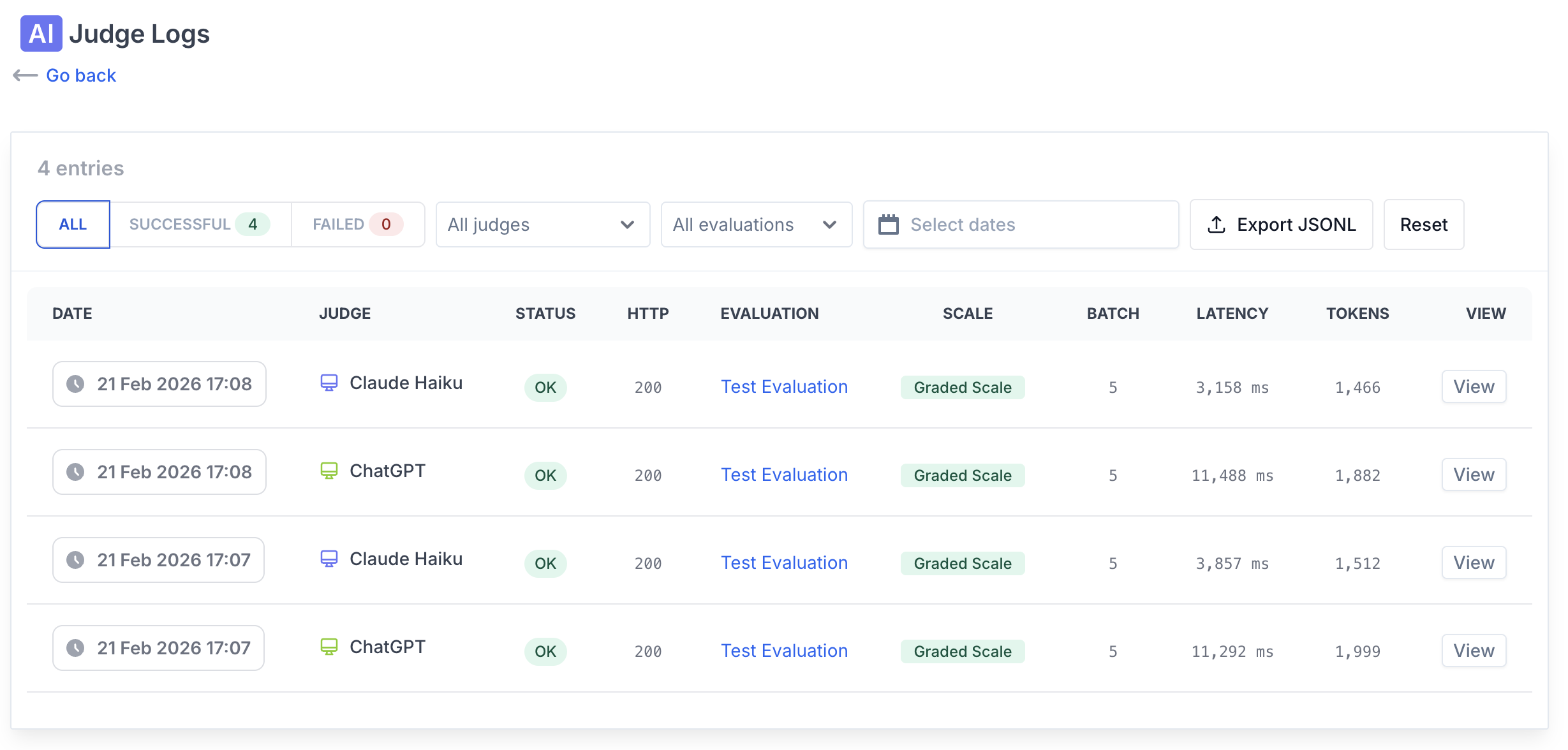 AI Judge logs with latency and token usage